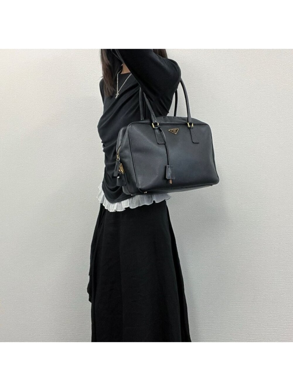 Prada Saffiano Triangle Logo Bowling Shoulder Bag Leather Black Gold Vintage